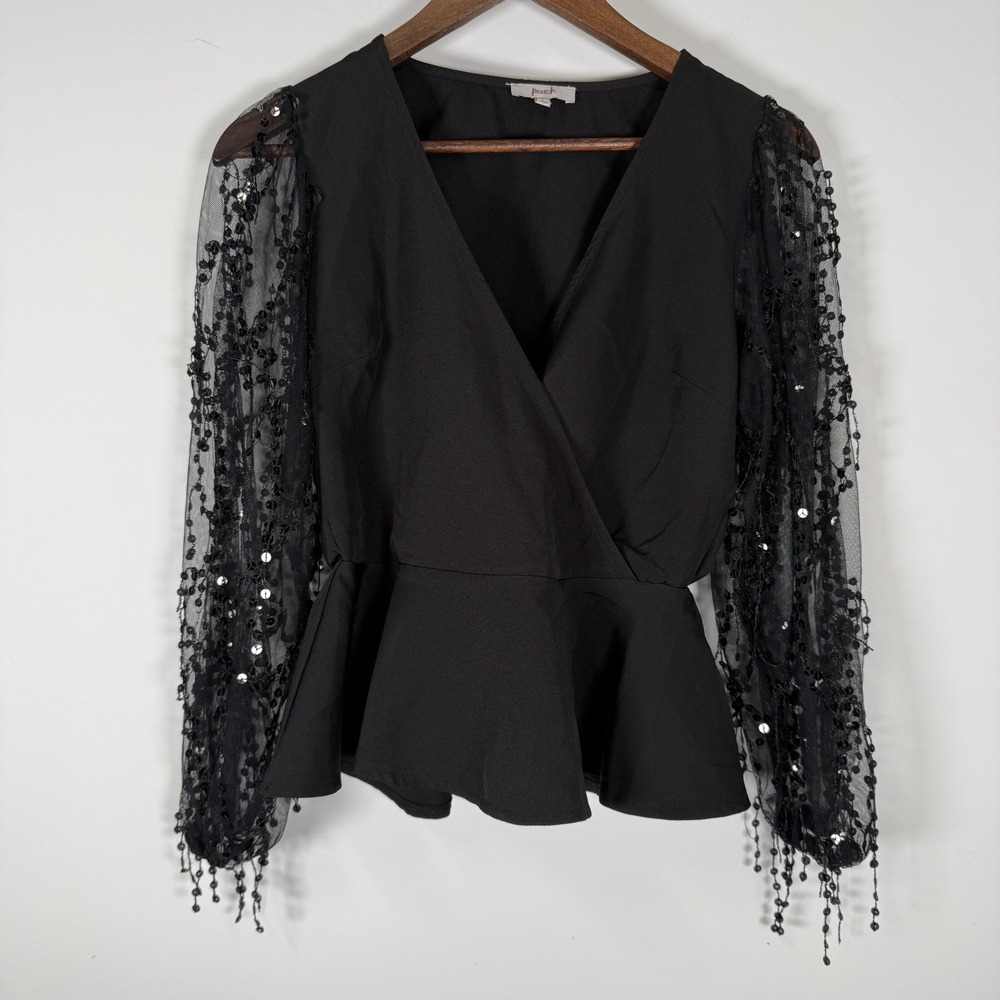 Peach Sequin Black Long Sleeve V-Neck‎ Shirt Elastic Waist Women's Size Small